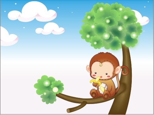 CorelDraw Vectors CDR File – Baby Monkey Vector illustration on a tree – Download CorelDraw vector composition monkey on a tree