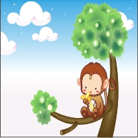 CorelDraw Vectors CDR File – Baby Monkey Vector illustration on a tree – Download CorelDraw vector composition monkey on a tree